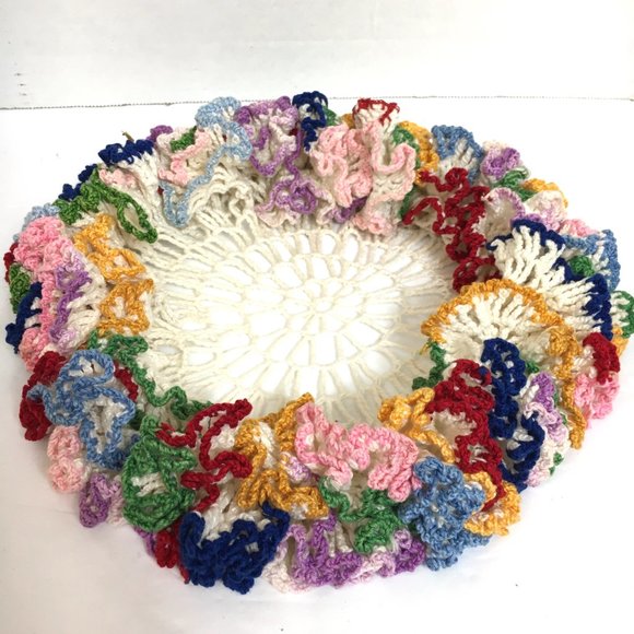 Cottage Core Multi Color Crochet 10"Floral Doily Vintage